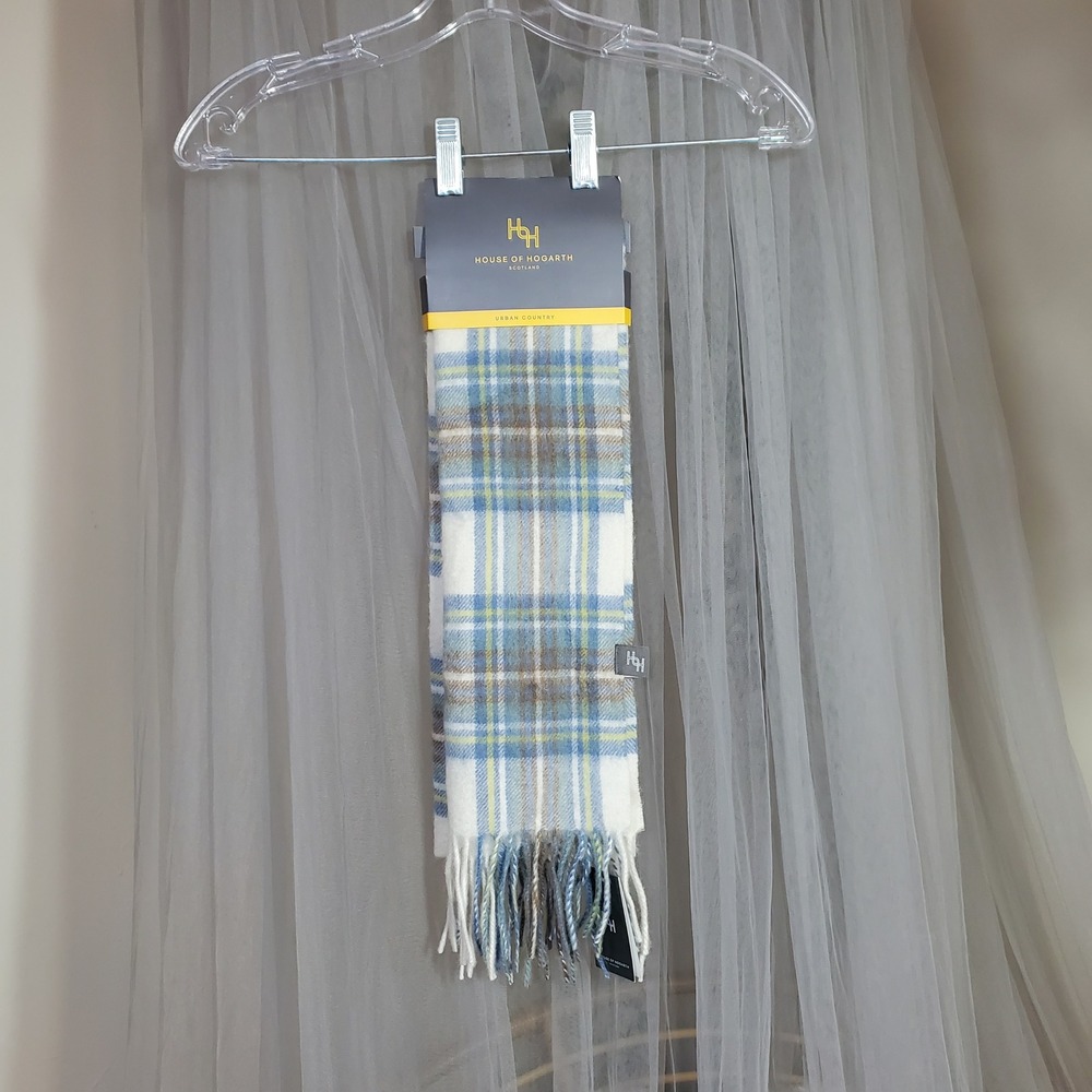House of Hogarth Scotland Muted Blue Dress Stewart 100% Lambswool Scarf Plaid